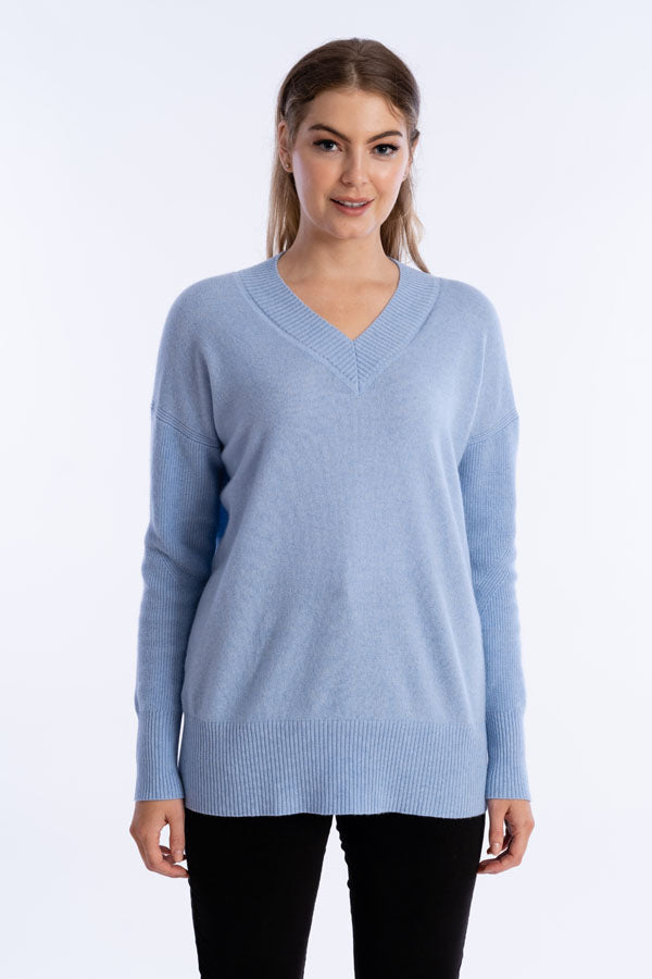 Rib Sleeve V-Neck Cashmere Sweater