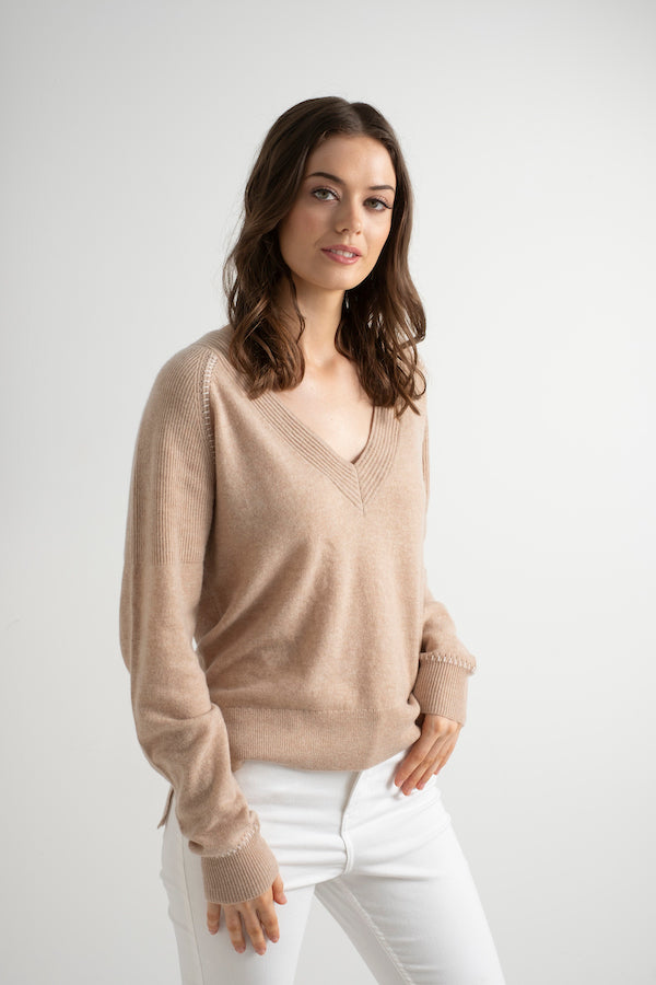 Whipstitch V Neck Cashmere Sweater